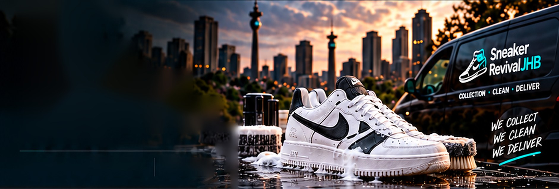 Freshly cleaned white sneakers in front of the Johannesburg skyline with the Sneaker Revival JHB collection van