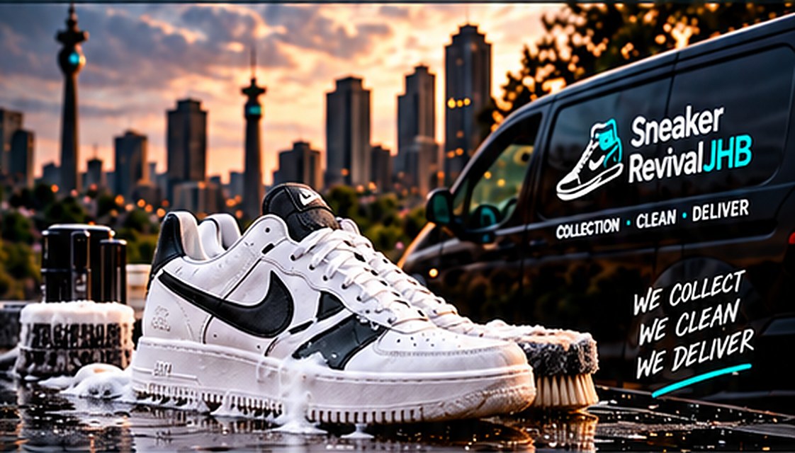 Freshly cleaned white sneakers in front of the Johannesburg skyline with the Sneaker Revival JHB collection van