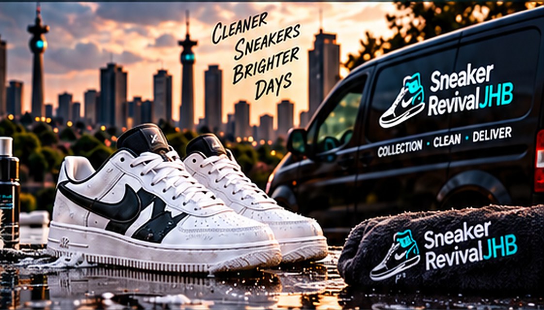 Freshly cleaned white sneakers in front of the Johannesburg skyline with the Sneaker Revival JHB collection van
