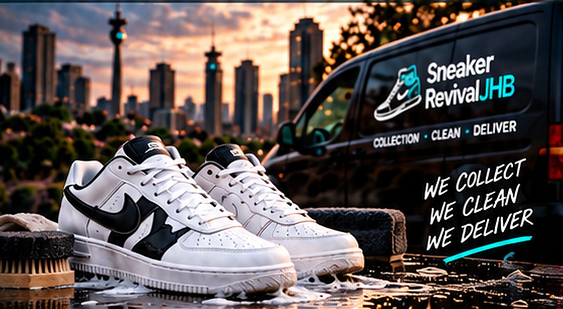 Clean white sneakers with brushes and cleaning products on a wet surface